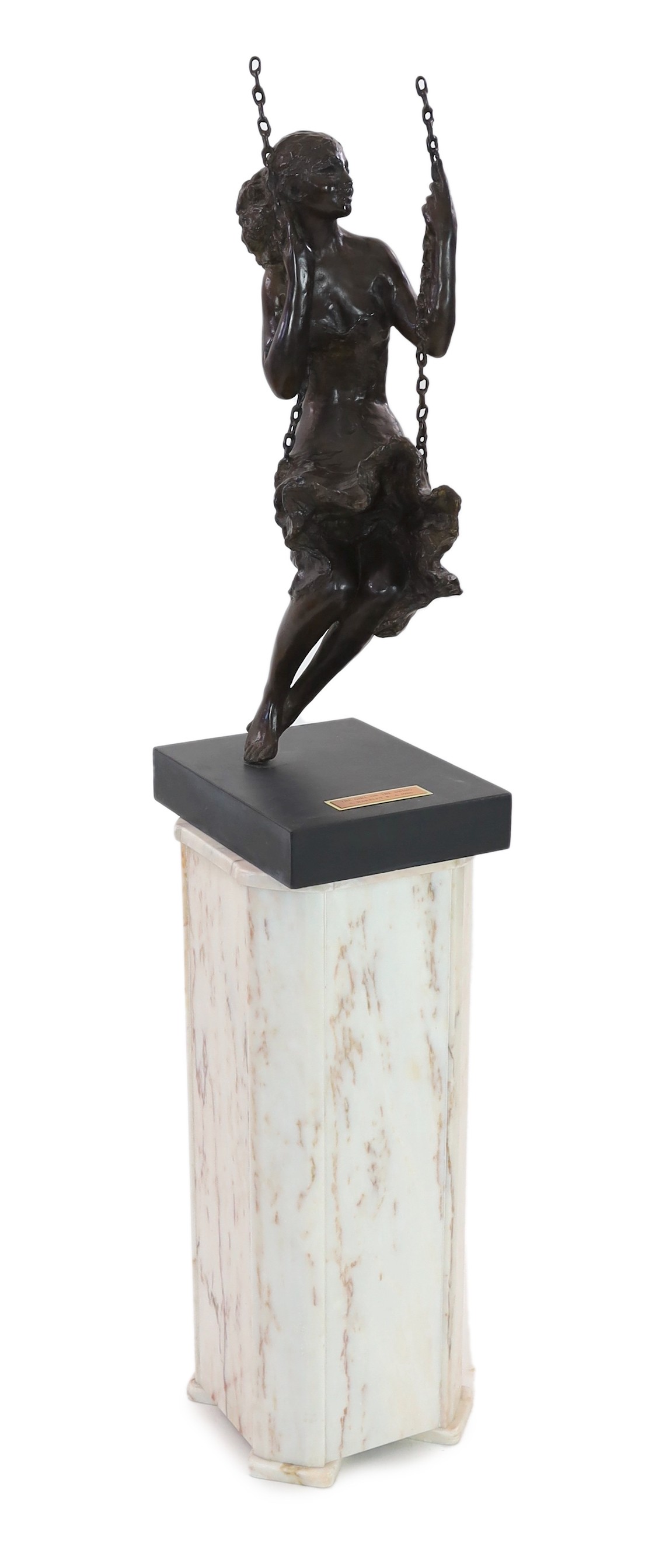 Sydney Harpley R.A. (British, 1927-1992), bronze, 'Girl on a Swing', overall height 85cm excluding white marble pedestal